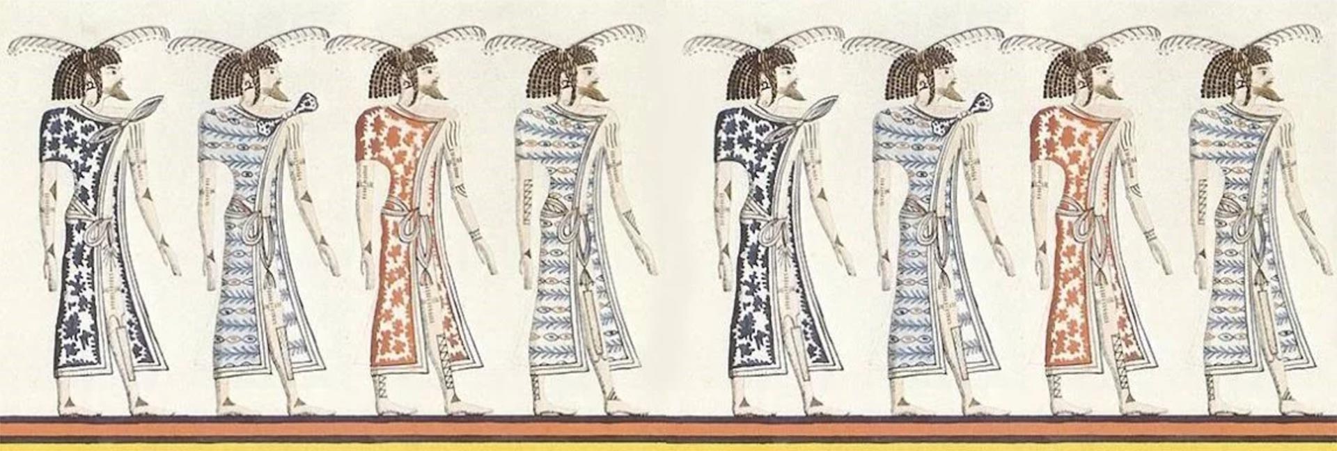 Libyans (Berbers), a Nubian, a Syrian, and an Egyptian, drawing by an unknown artist after a mural of the tomb of Seti I; Copy by Heinrich von Minutoli (1820).