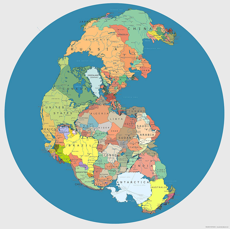 Representation of current countries on the map of the Pangea continent imagined by Pietrobon - Source: slate.fr