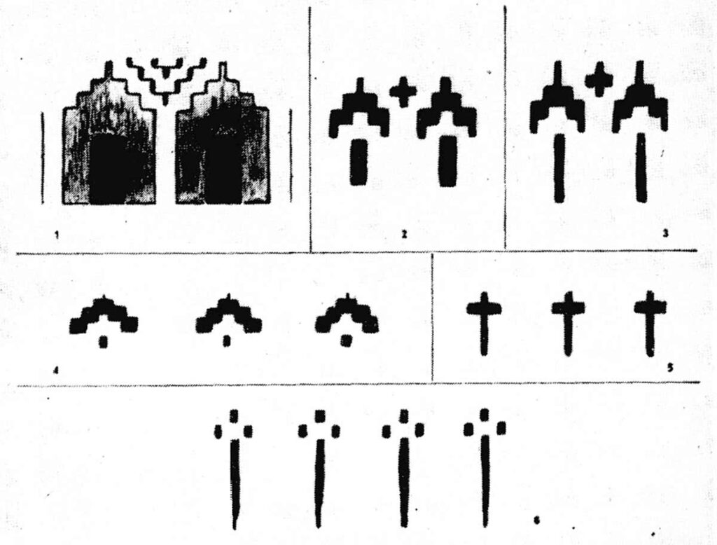 Small schematic arcatures: various aspects of the arcature frieze, resulting from successive simplifications.