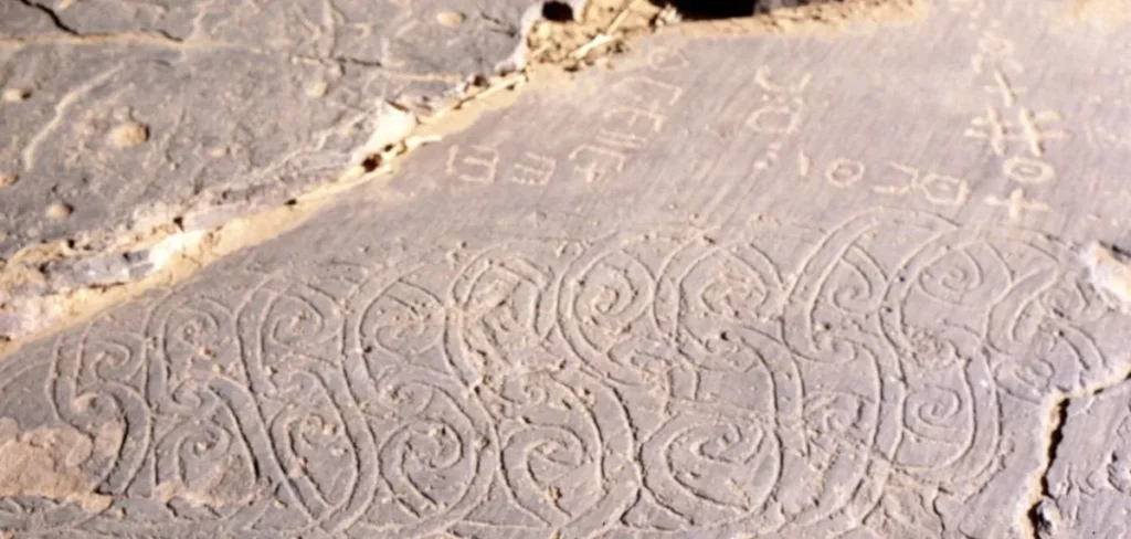 Rock engraving featuring Tifinagh script in the Algerian Sahara — Tamanghasset Province.